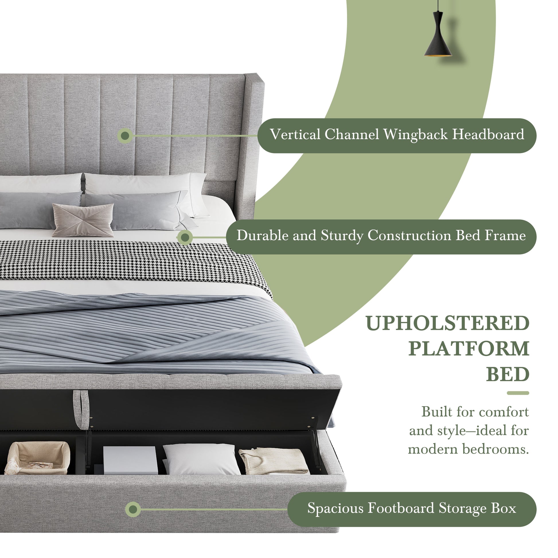 Queen Size Platform Bed With Headboard, Upholstered Platform Bed With Storage, Grey Box Spring Not Required Queen Grey Wood Bedroom Storage Included Foam Polyester Fabric,Plywood,Steel,Upholstered