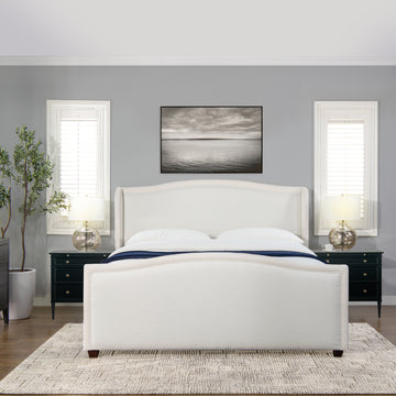 Carmen King Upholstered Wingback Panel Bed Frame, Antique White Polyester Box Spring Required King Antique White Wood Foam Polyester Polyester