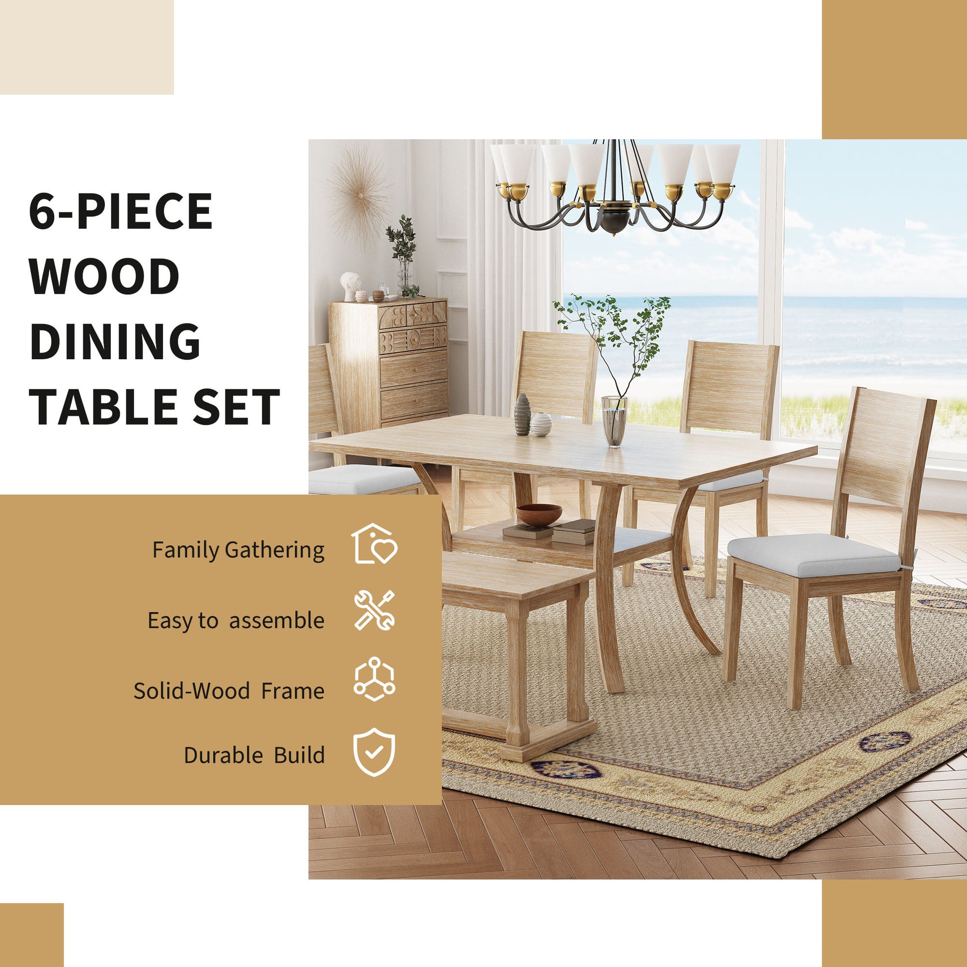 6 Piece Wood Dining Table Set With Storage Shelf And Curved Legs, Kitchen Table Set With Bench And 4 Removable Cushions Dining Chairs, Modern Style, Natural Beige Cushion Wood Dining Room Distressed Finish Rubberwood Rectangular Dining Table With Bench