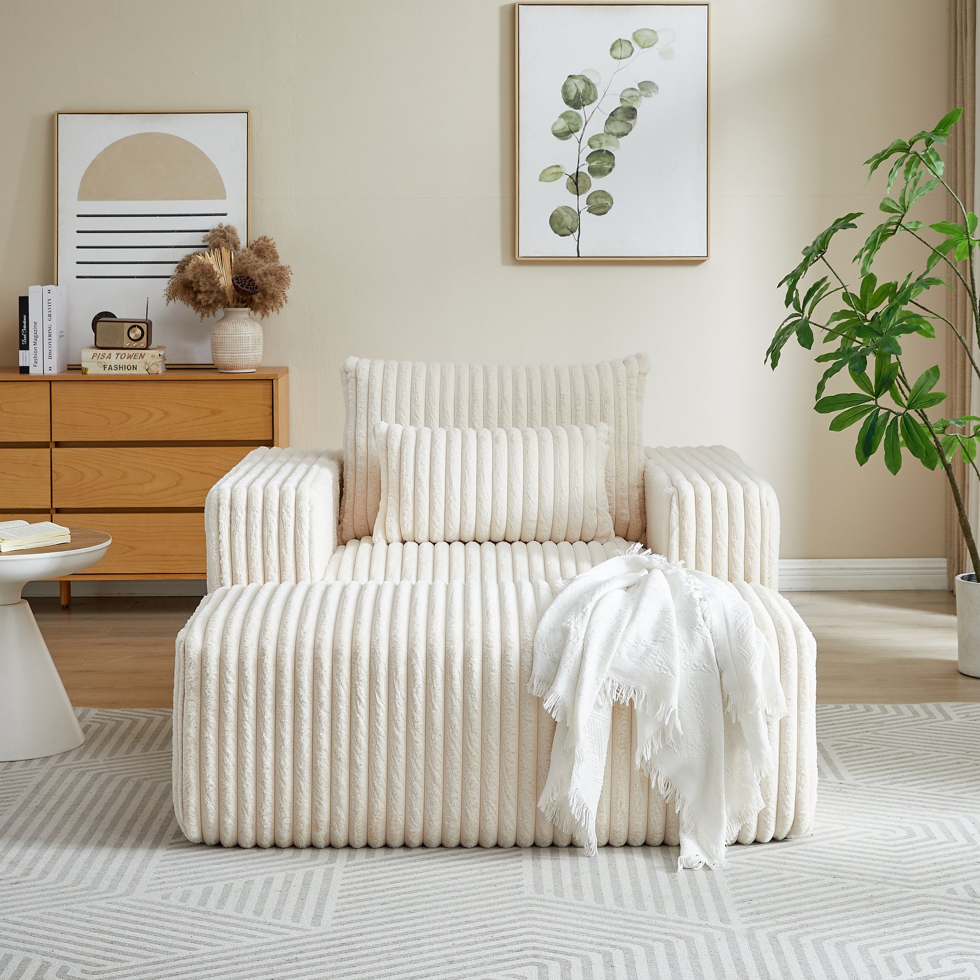 62.5 Inch Corduroy Sponge Sofa Lounge Chair With Removable Footrest,No Assembly Required,Fluffy Modern Sleeper Chair For Indoor Living Room Bedroom Beige Foam Corduroy 1 Seat