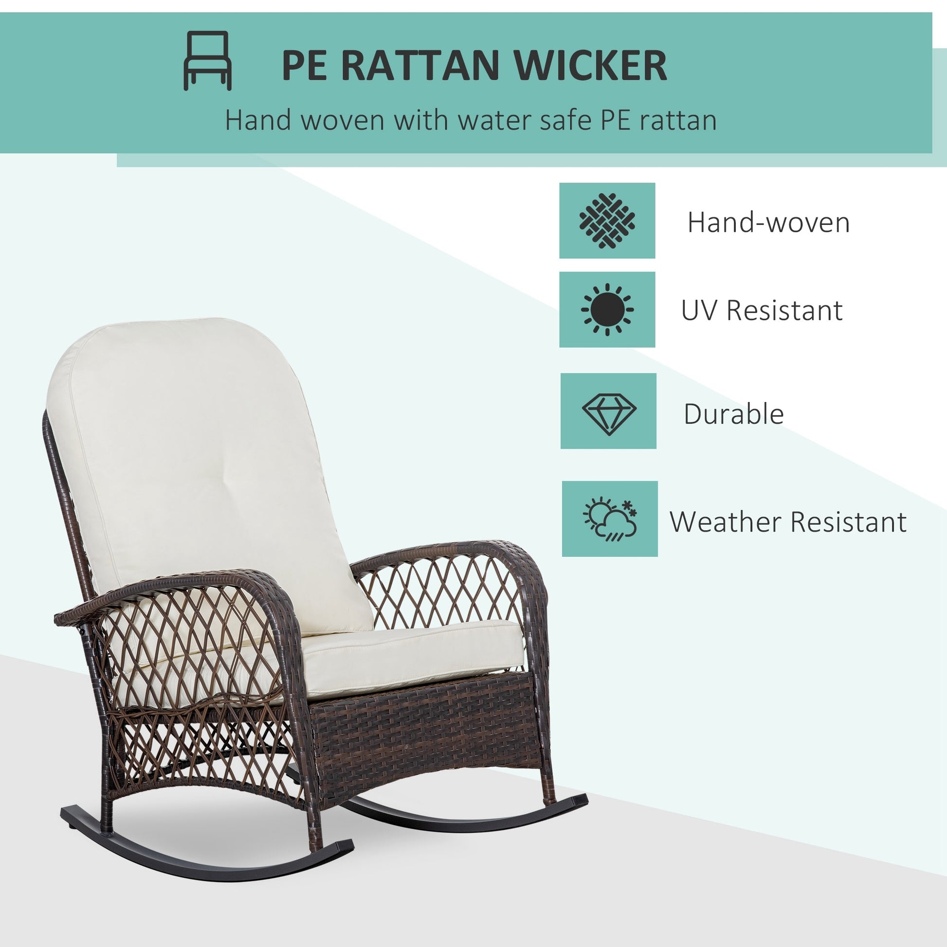 Outsunny Outdoor Wicker Rocking Chair With Wide Seat, Thick, Soft Cushion, Rattan Rocker W Steel Frame, High Weight Capacity For Patio, Garden, Backyard, Cream White Cream White Polyester