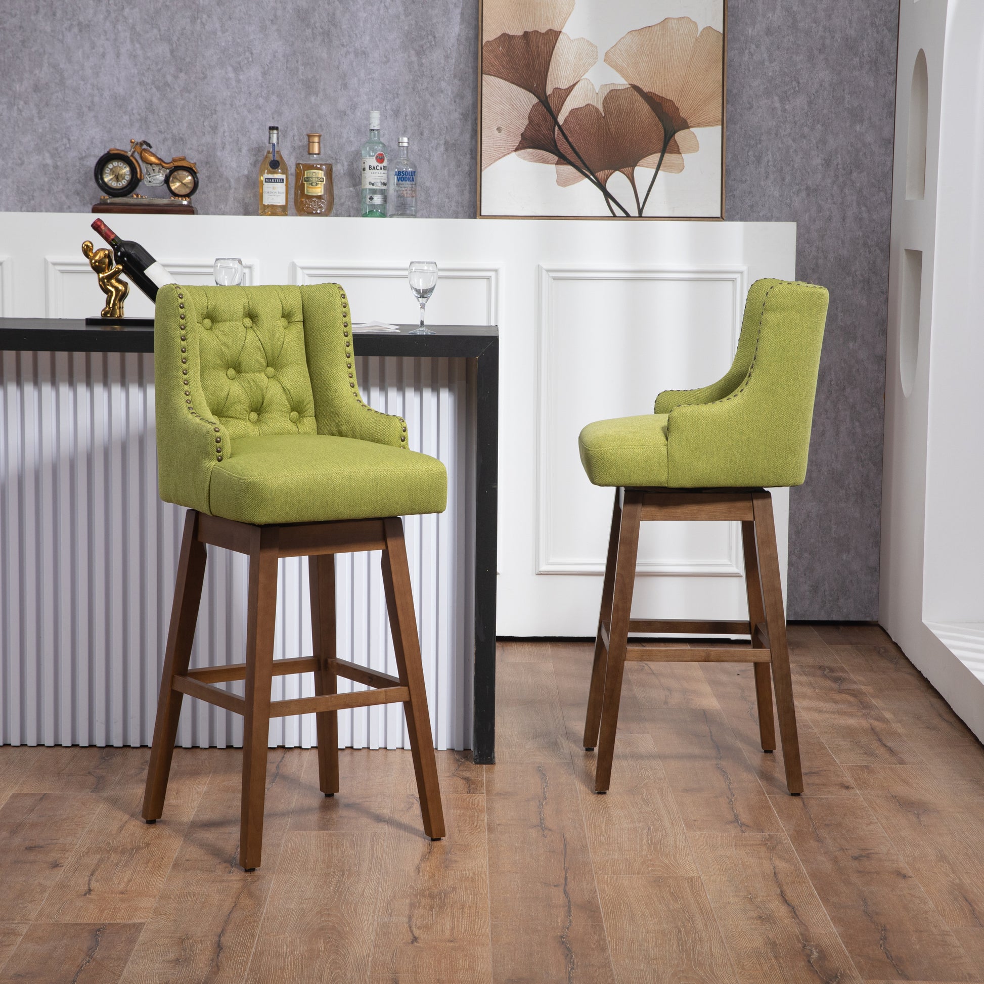 Coolmore Bar Stools Set Of 2 Counter Height Chairs With Footrest For Kitchen, Dining Room And 360 Degree Solid Wood Legs Swivel Bar Stools Set Of 2 Olive Linen Olive Foam Linen