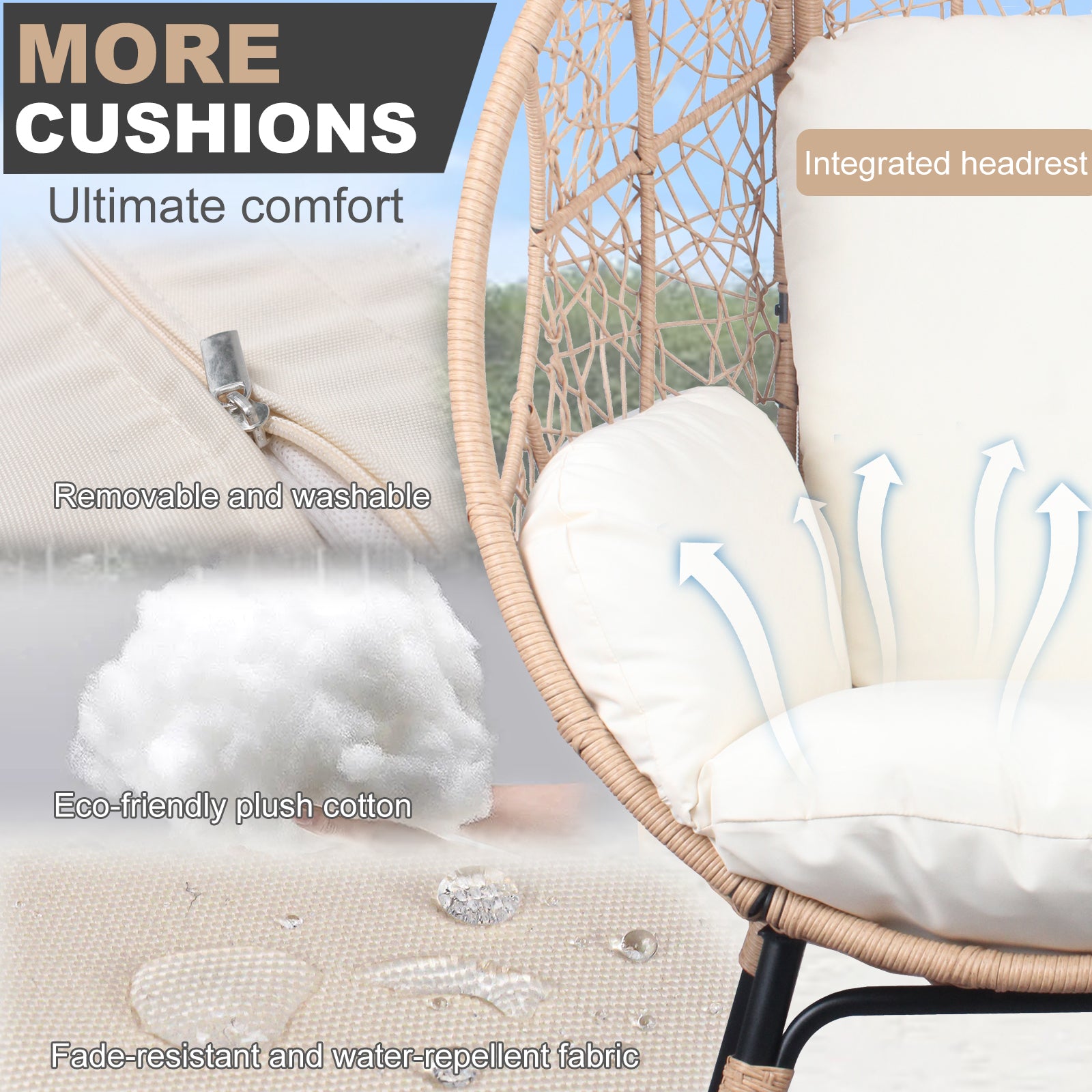 3 Pieces Patio Egg Chairs Model 3 With Side Table Set,Natural Color Pe Rattan And Beige Cushion Yes Natural Foam Steel