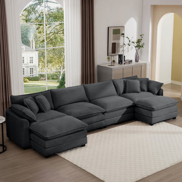 Corduroy Sofamodern Upholstered 4 Seater With 3 Footstools Corduroy Fabric Sofaoffice Living Room Apartment Comfortable Sofa, Easy To Assemble With 2 Arm Pillows And 4 Throw Pillows Grey Corduroy 4 Seat