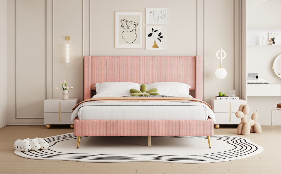 Queen Size Corduroy Platform Bed With Metal Legs, Pink Old Sku:Wf300238Aah Queen Pink Corduroy