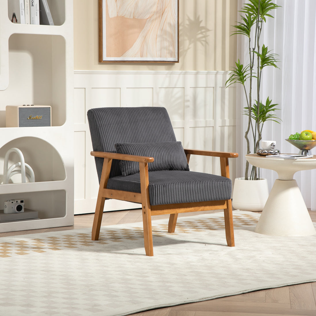 Leisure Chair With Solid Wood Armrest And Feet, Leisure Chair, Wood Frame, Velvet, L, Solid Rubber Wood Legs, Mid Century Modern Accent Chair, For Living Room Bedroom Studio Chair Dark Gray Corduroy