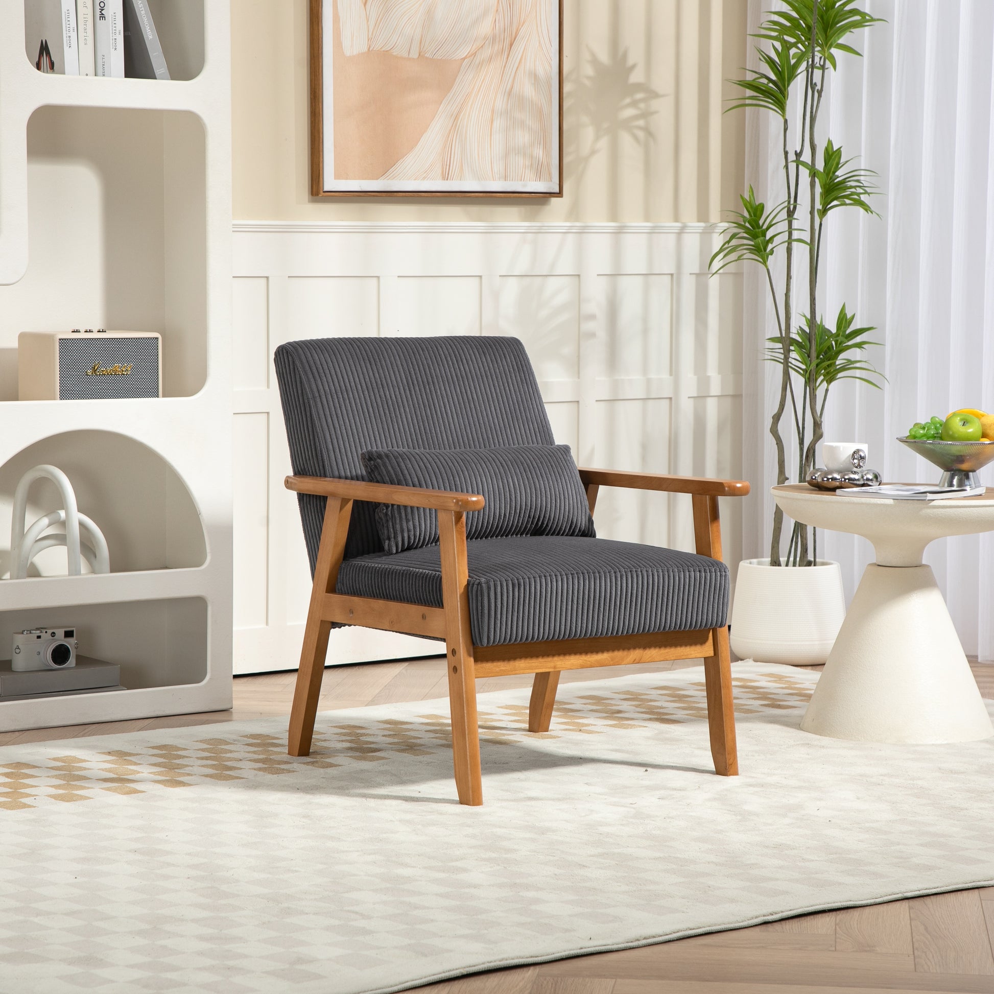 Leisure Chair With Solid Wood Armrest And Feet, Leisure Chair, Wood Frame, Velvet, L, Solid Rubber Wood Legs, Mid Century Modern Accent Chair, For Living Room Bedroom Studio Chair Dark Gray Corduroy