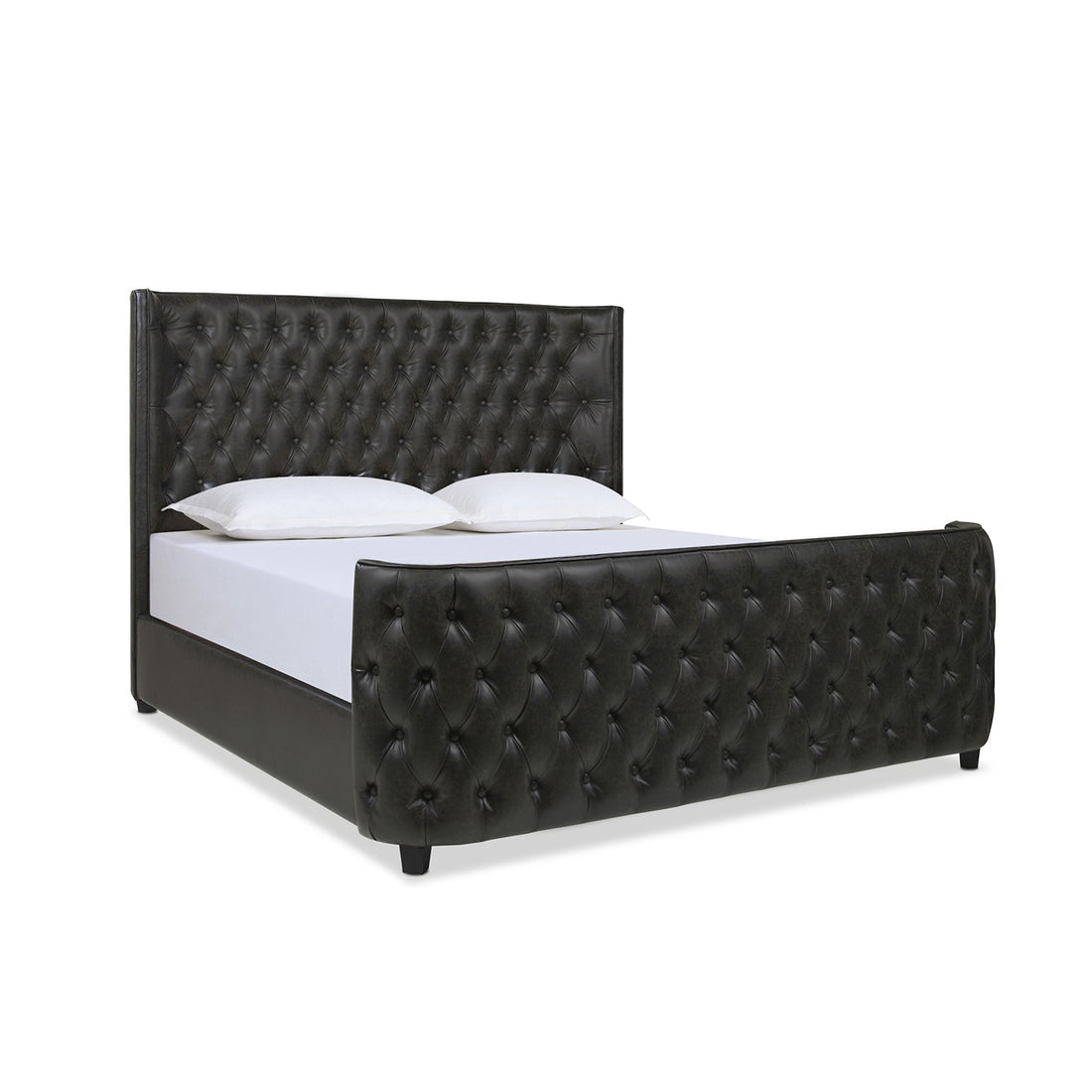 Brooklyn King Tufted Panel Bed Headboard And Footboard Set, Vintage Black Brown Faux Leather Box Spring Required King Black Vintage Wood Foam Faux Leather Faux Leather