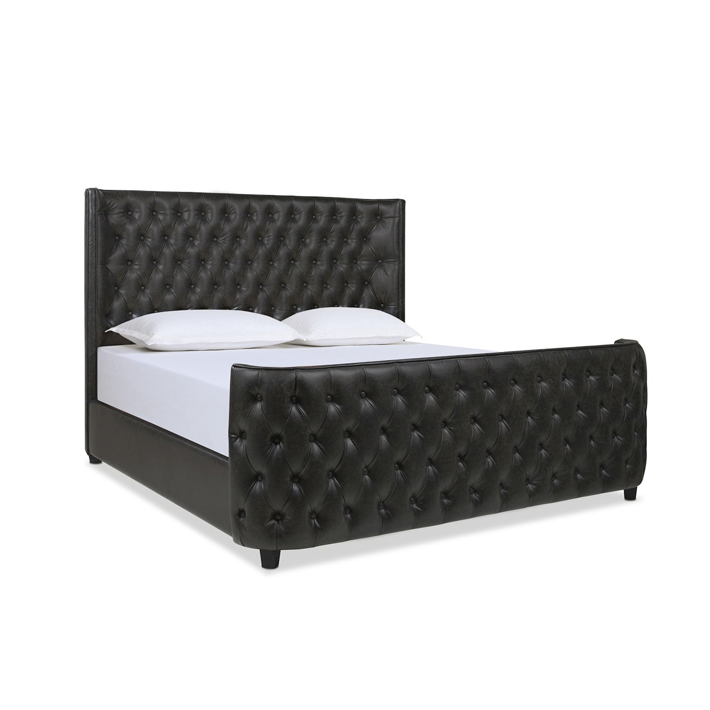 Brooklyn King Tufted Panel Bed Headboard And Footboard Set, Vintage Black Brown Faux Leather Box Spring Required King Black Vintage Wood Foam Faux Leather Faux Leather