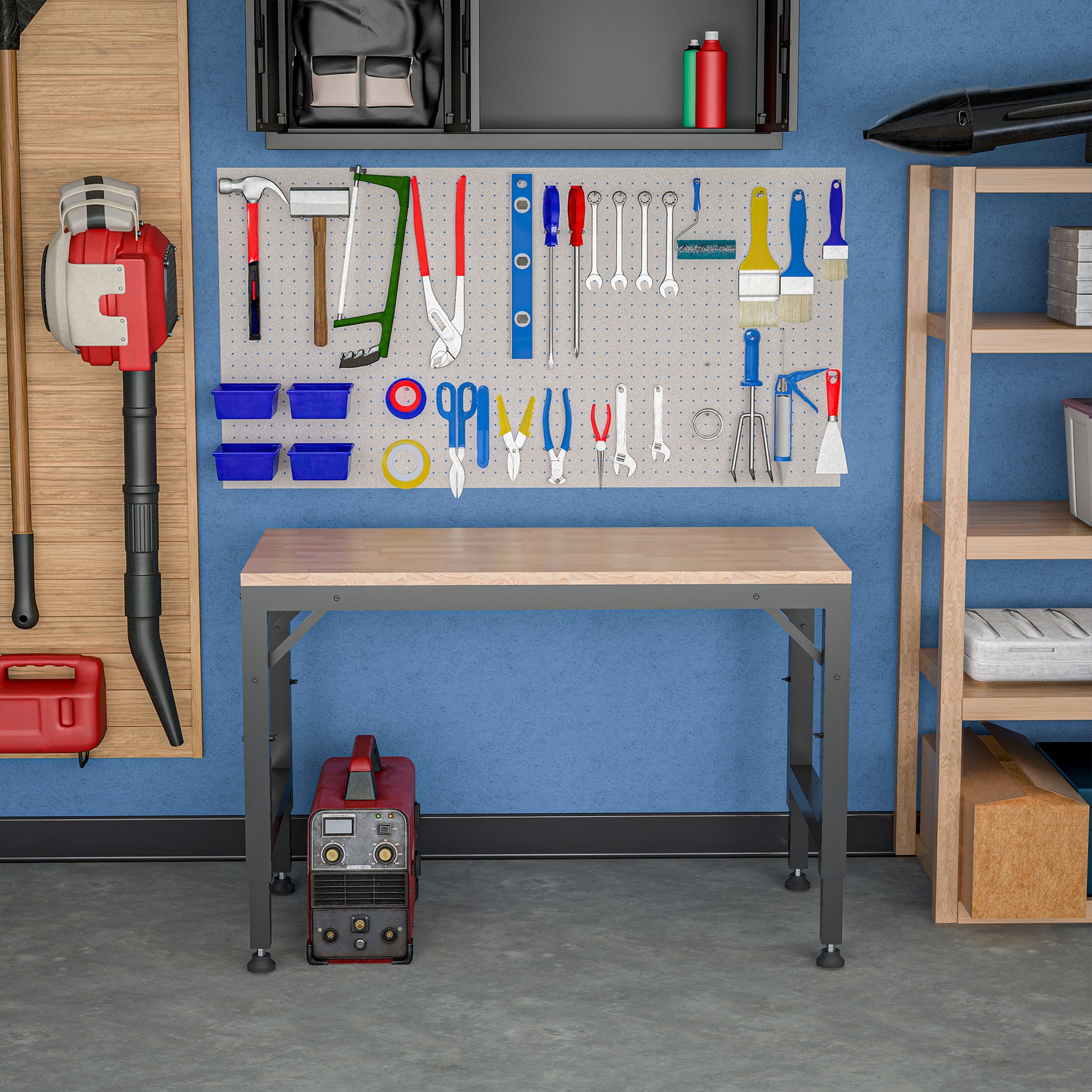 48" Heavy Duty Adjustable Workbench For Garage, Rubber Wood Shop Table W Rubber Pads, Hardwood Workstation Weight Capacity Over 2000 Lbs Black Metal & Wood