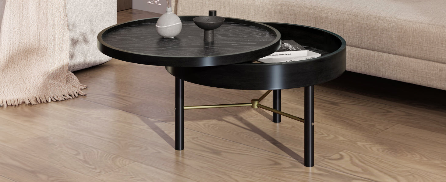 Modern Round Wood Rotating Tray Coffee Table With Storage & Metal Legs In Black Black Metal,Rubber Wood