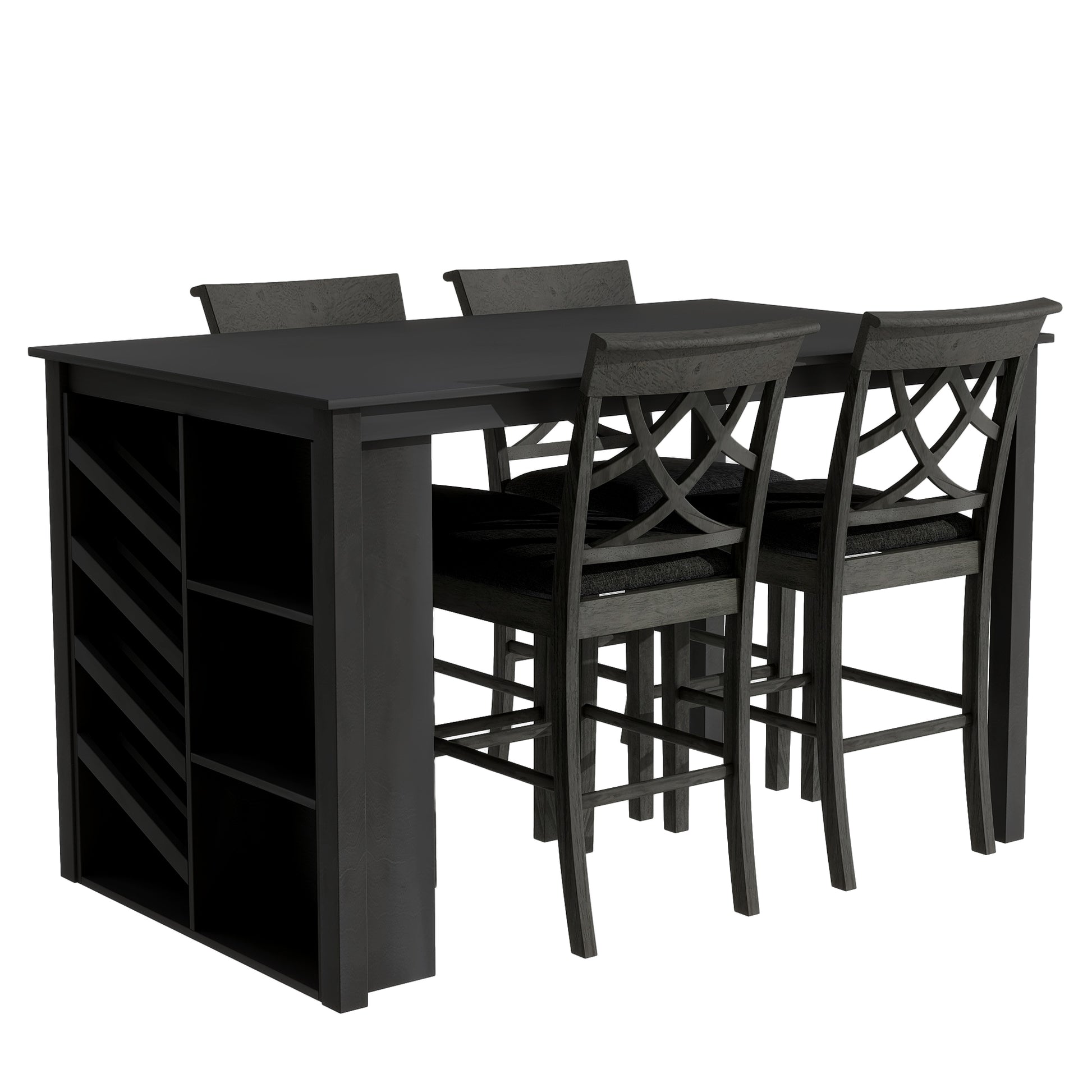 Updated Counter Height 5 Piece Solid Wood Dining Table Set, 59*35.4Inch Table With Curved Wine Rack And 4 Upholstered Chairs, Grey Wood Dining Room Solid Wood Rubberwood Rectangular Dining Table With Chair Wood Wood Grey Solid Back Seats 4 Farmhouse 4