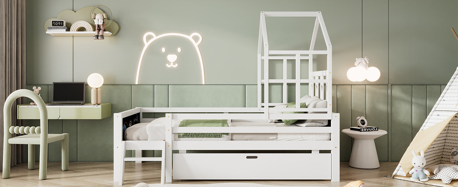 Twin Size House Bed With Ladder And Storage Drawers For Kid Bedroom,Solid Wood Platfrom Bedframe With 2 Blackboard Design, No Box Spring Needed, White Twin White Partice Board Mdf Pine Wood