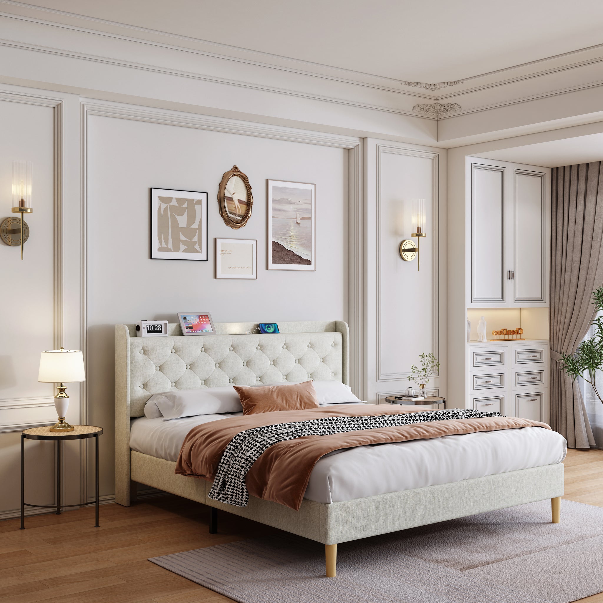 Queen Size Bed, Mesh Backboard Beautiful, With Led Lights, Cotton And Linen Fabric, Frame Stability, Easy To Assemble,Light Gray Queen Light Gray Mdf Acacia