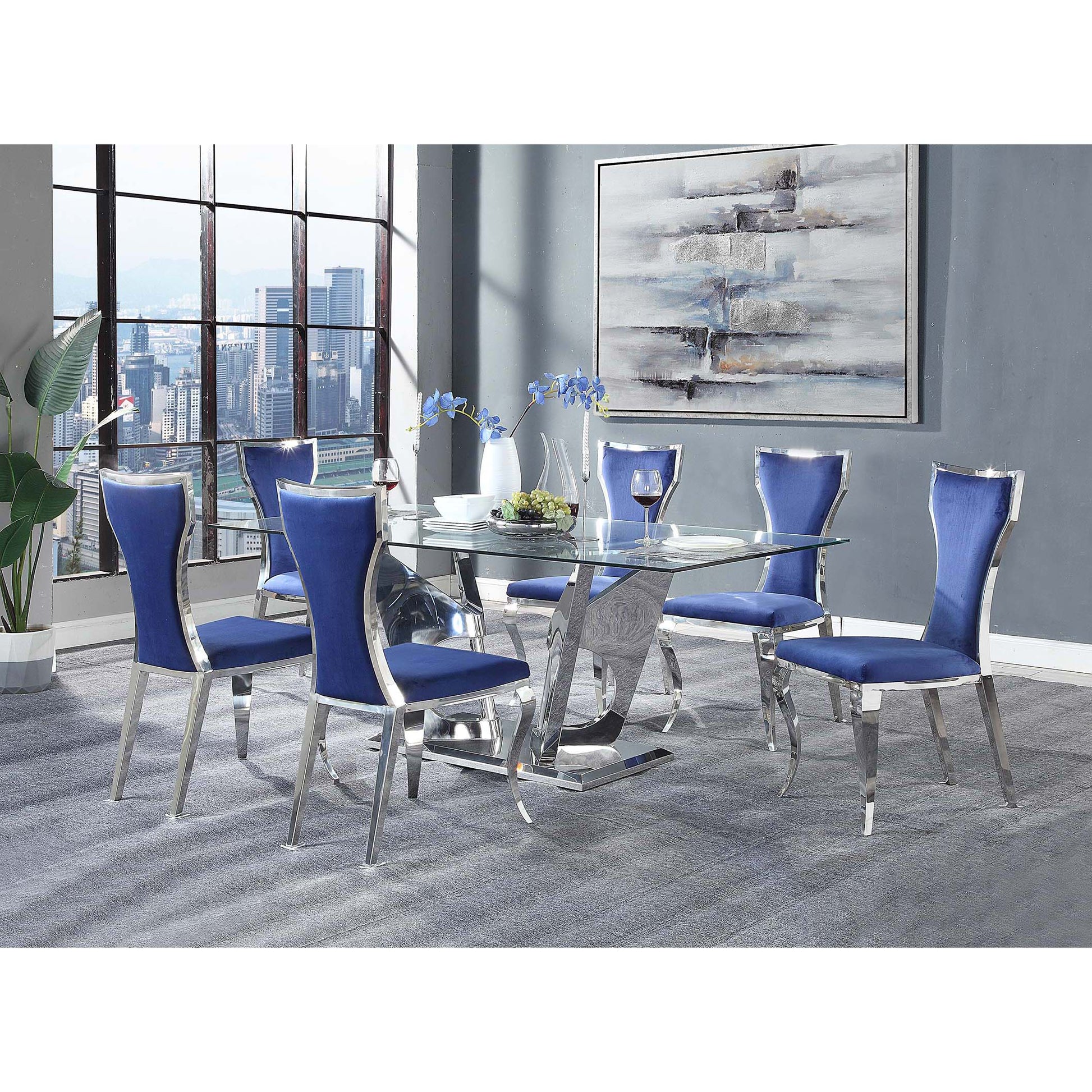 Blue And Silver Side Chairs With Metal Base Set Of 2 Cushion Solid Blue Dining Room Foam Contemporary,Modern Side Chair Wing Back Set Of 2 Velvet