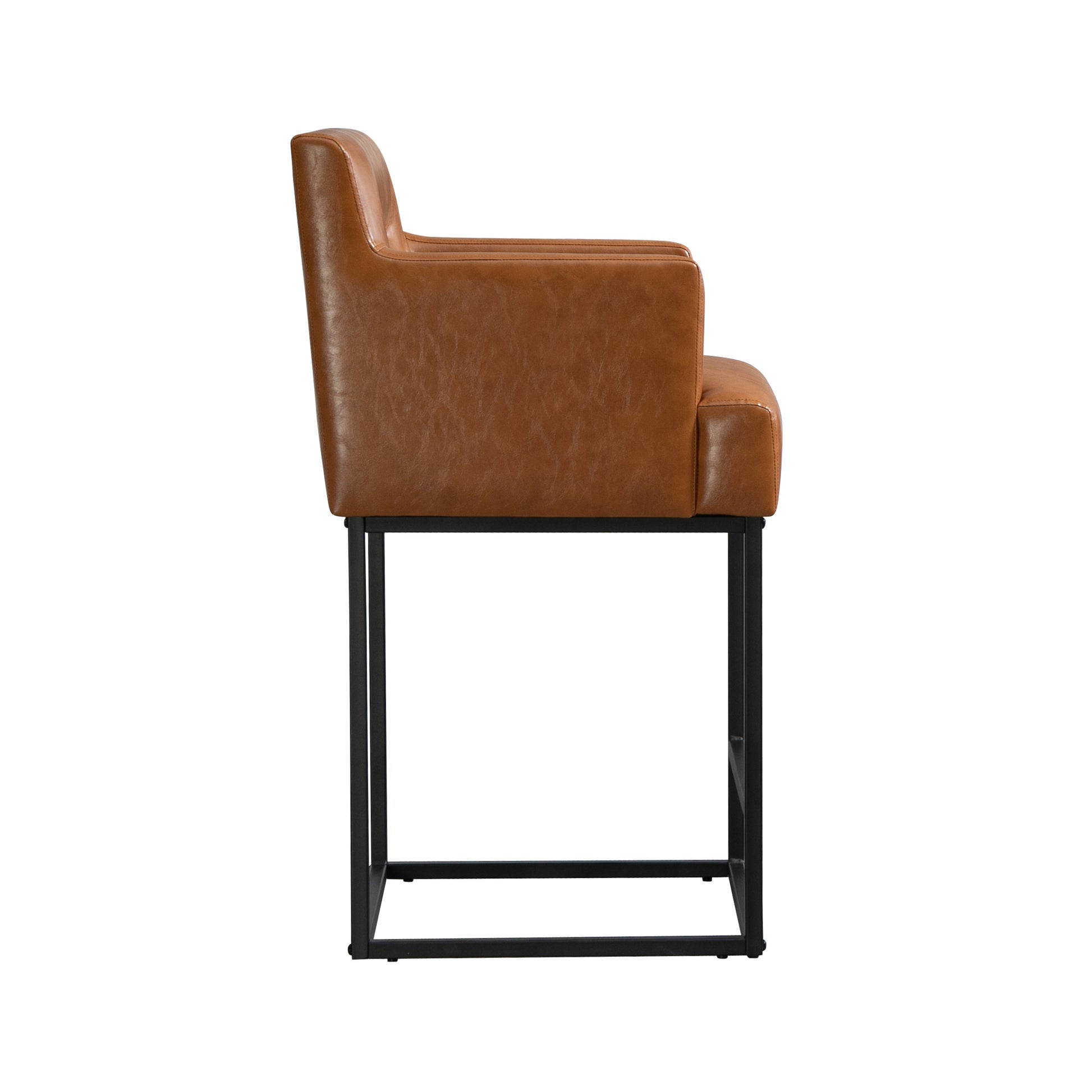 Coolmore Counter Height Bar Stools Set Of 2, Modern Barrel Bar Stool With Backrest And Arms, Black Metal Frames, Upholstered Bar Stools For Kitchen Island, Pub, Club Light Brown Foam Pu Leather