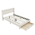 Queen Size Upholstered Platform Bed With A Big Drawer, Beige Box Spring Not Required Queen Beige Wood Bedroom Bed Frame Polyester Upholstered