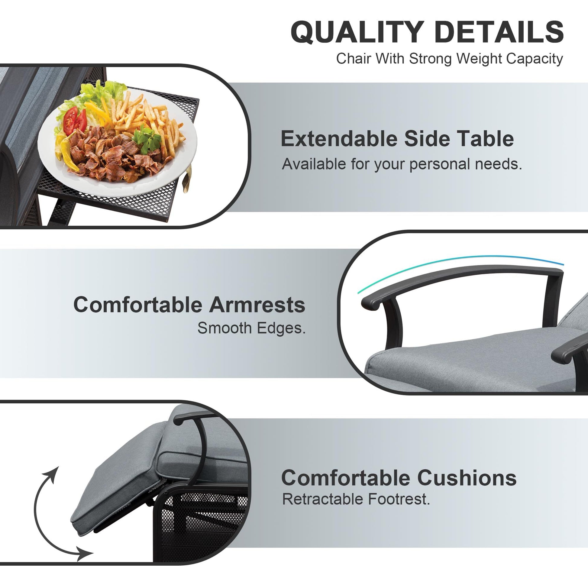 Adjustable Patio Recliner Chair Metal Outdoor Lounge Chair With Flip Table Push Back, Adjustable Angle, 6.8'' Removable Cushions, Support 350Lbs,Gray Yes Gray Garden & Outdoor Metal