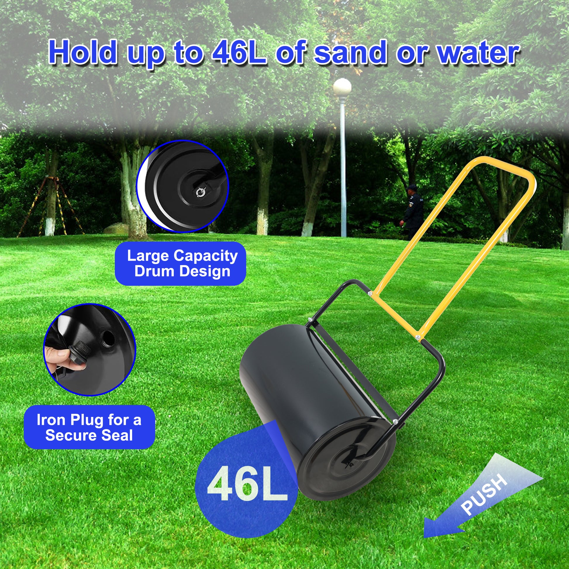 40 Litre High Capacity Lawn Roller, Can Fill Sand Water, U Shaped Ergonomic Handle, Easy To Push And Pull, Suitable For Gardens, Farms, Parks, Black Yellow Black Iron