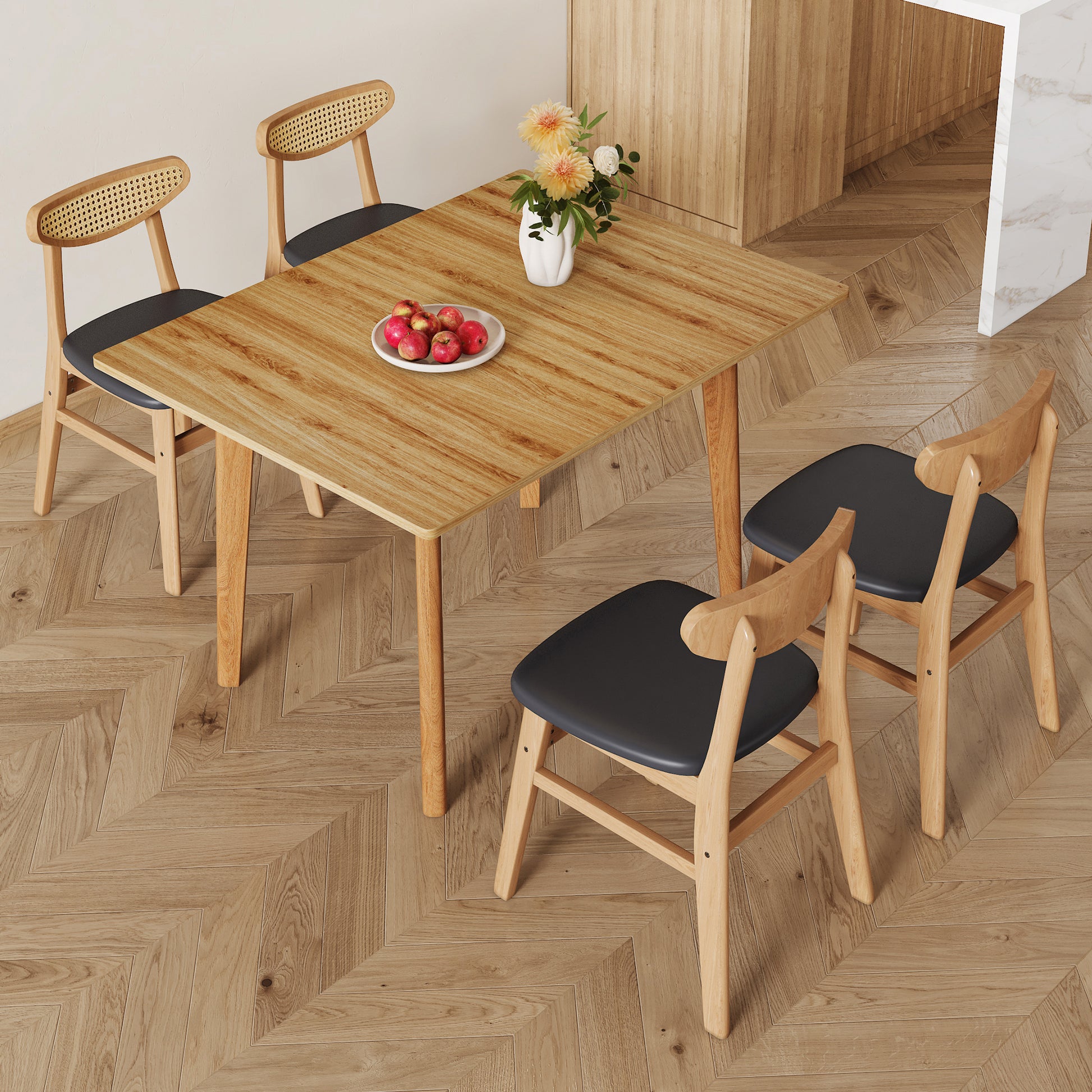 Wood Colored Mdf Desktop With Rubber Wooden Legs, Foldable Computer Desk, Foldable Office Desk, Solid Wood Dining Chair With Small Curved Back And Pu Cushion, Zd 1545 Dx 2361 Wood Seats 4 Wood