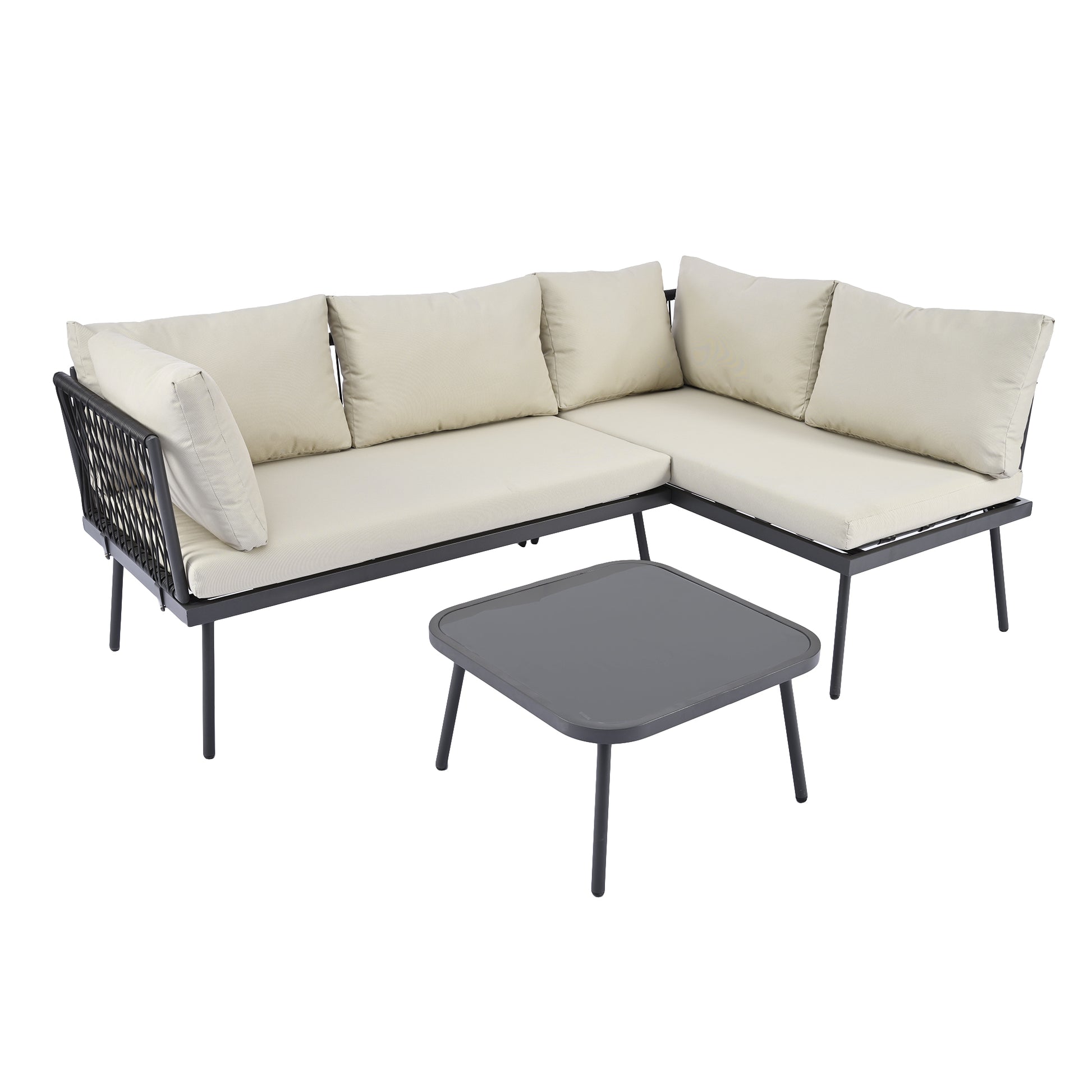 Modern Outdoor 3 Piece Pe Rattan Sofa Set All Weather Patio Metal Sectional Furniture Set With Cushions And Glass Table For Backyard, Poolside, Garden,Black,L Shaped Yes Sectional Black Seats 4 Weather Resistant Frame Water Resistant Cushion Garden &