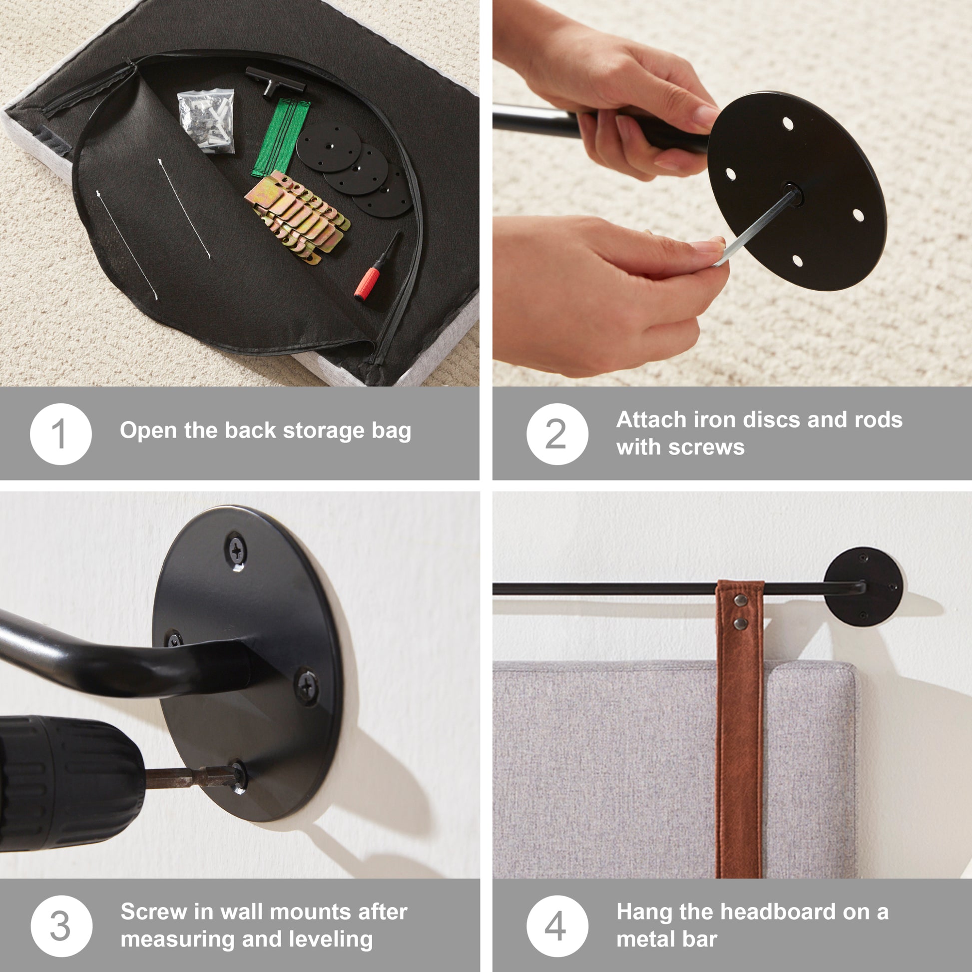 Wall Mounted Headboard King Size With Brown Faux Leather Straps, Linen Fabric Upholstered Headboard With Adjustable Heigh Headboard, King Headboard With Metal Bar For Dining Room, Bedroom, Grey King Grey Bed Frame Linen Fabric Metal