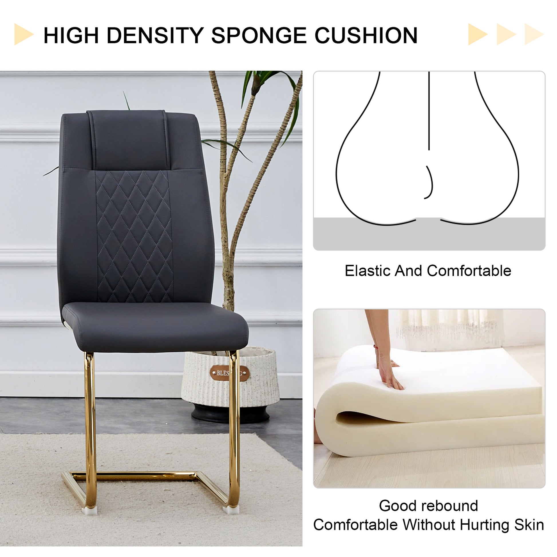 Table And Chair Set.Large Modern Rectangular Table With 0.4 Inch Patterned Glass Tabletop And Large Mdf Table Legs.Comes With 6 Chairs With Faux Leather Cushioned Seats And Golden Metal Legs. Gold White Seats 6 Mdf Glass