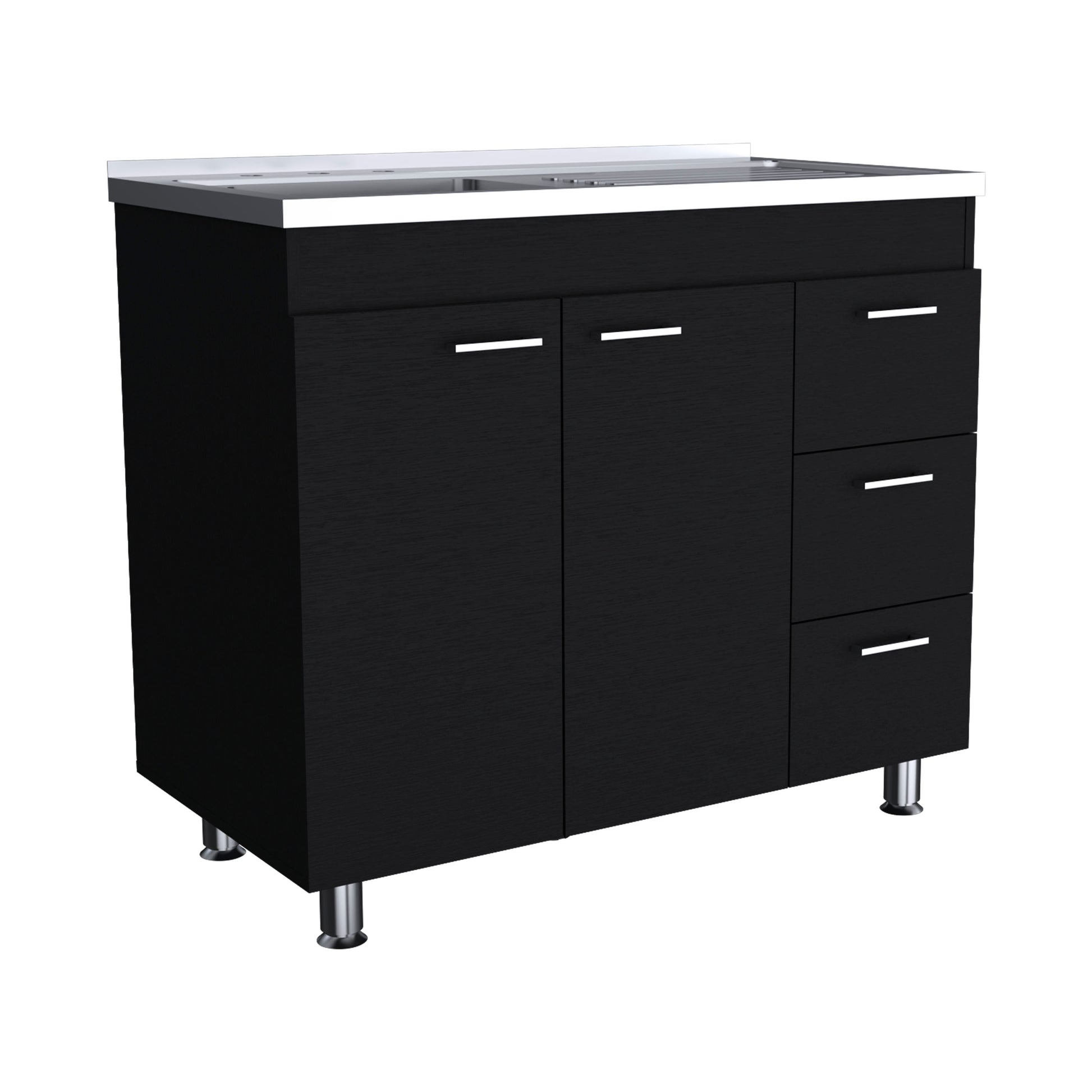 Base Double Door Cabinet, Three Drawers, Black Black Solid Wood Mdf Engineered Wood