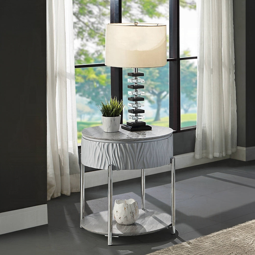 Grey High Gloss And Chrome End Table With Drawer Grey Silver Primary Living Space Shelves Round Wood Metal