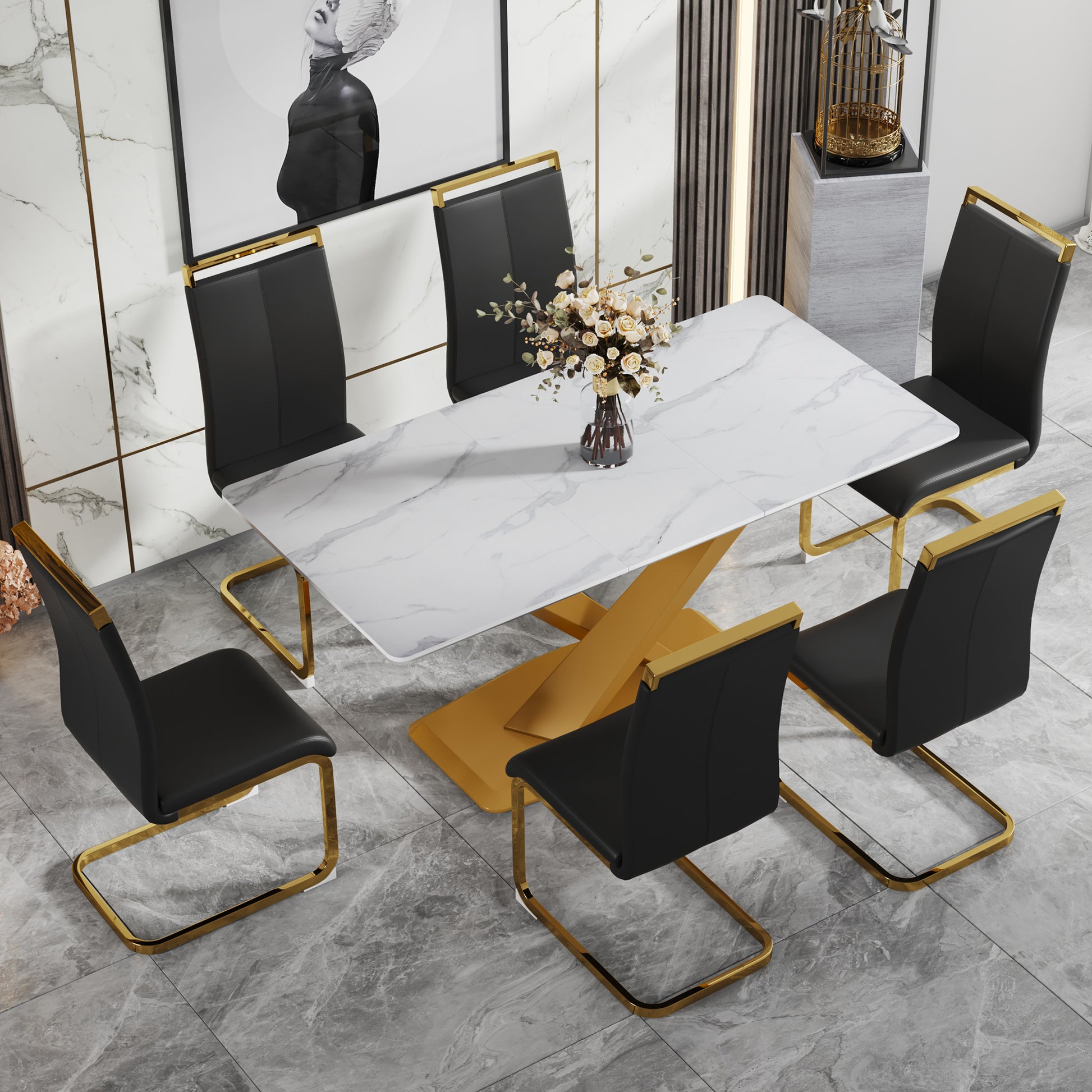 Table And Chair Set, The Table Is Equipped With A Marble Patterned Mdf Tabletop And Gold Table Legs.The Chair Is Equipped With Pu Synthetic Leather High Back Cushion And Gold Coated Metal Legs. Gold Black Seats 6 Mdf Metal
