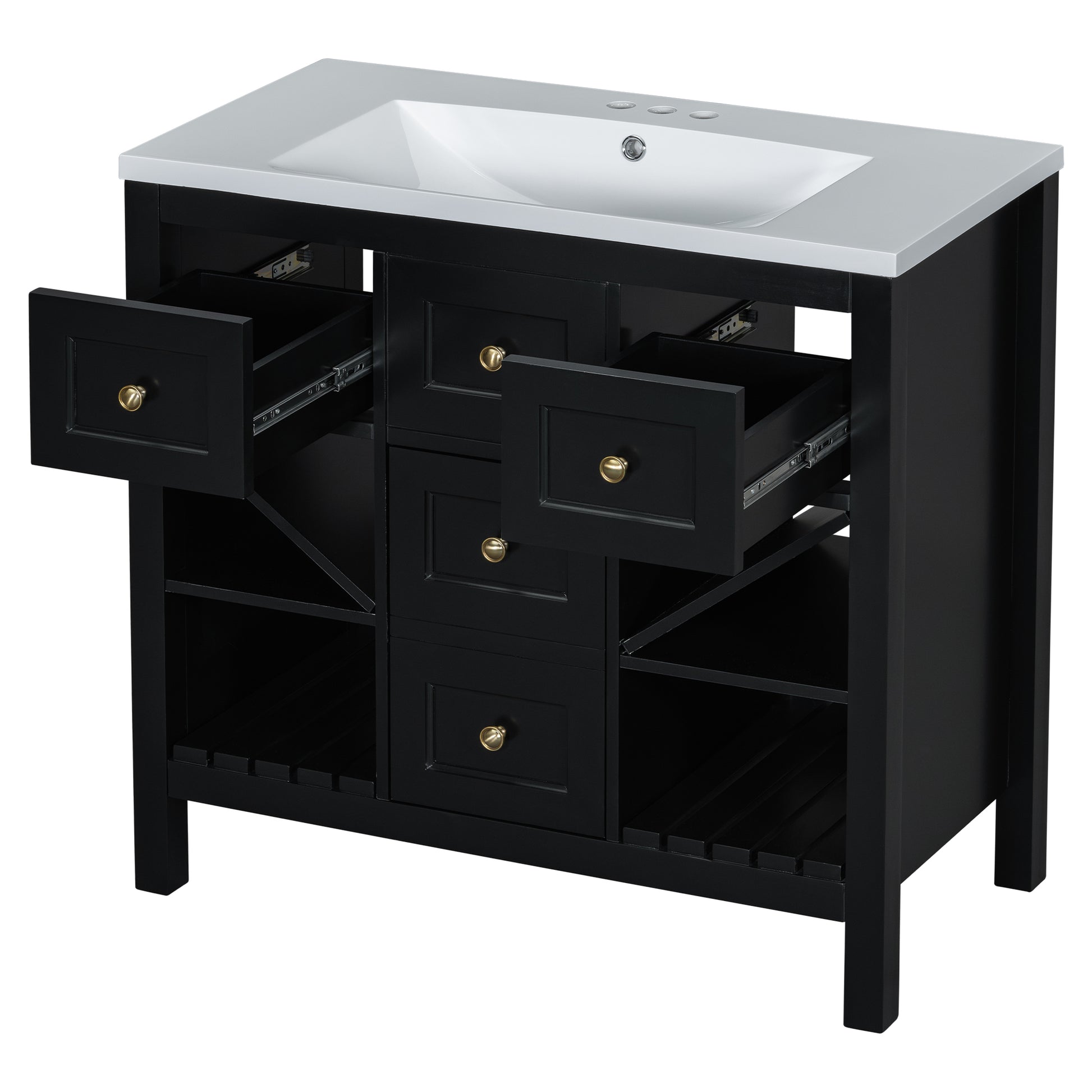 36'' Bathroom Vanity With Resin Sink Combo, Solid Wood Frame Bathroom Storage Cabinet, Freestanding Vanity Set With 5 Drawers& Soft Closing Doors Same As Sw000141Aab Black Bathroom Solid Wood Mdf Resin