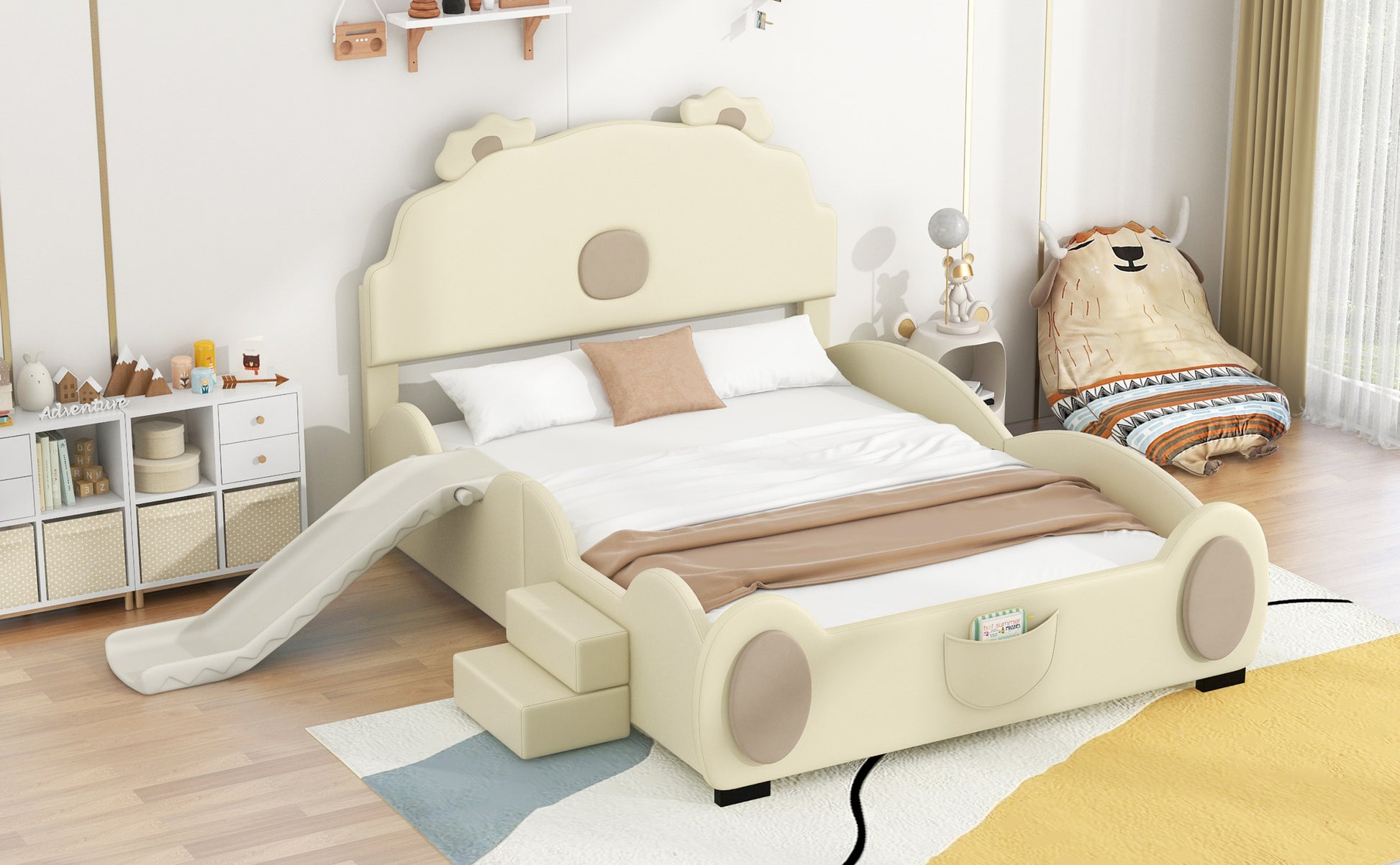 Full Size Upholstered Platform Bed With Piglet Shape Headboard And Children'S Slide, Beige Box Spring Not Required Full Beige Wood Bedroom Bed Frame Faux Leather Upholstered