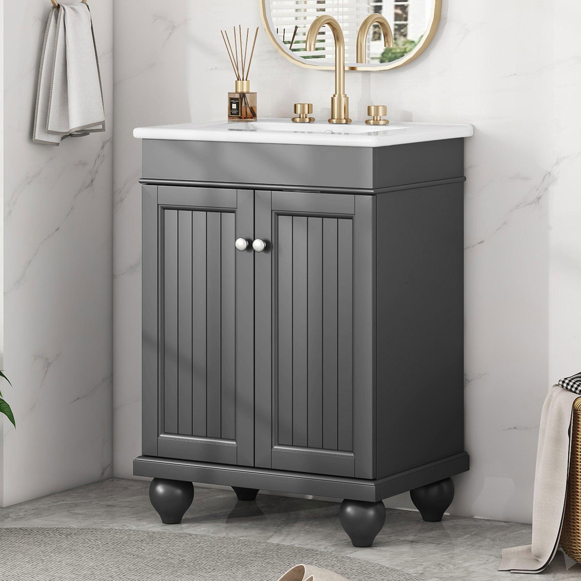 24" Black Modern Sleek Bathroom Vanity Elegant Ceramic Sink With Solid Wood Frame, Adjustable Shelf Black Solid Wood Mdf