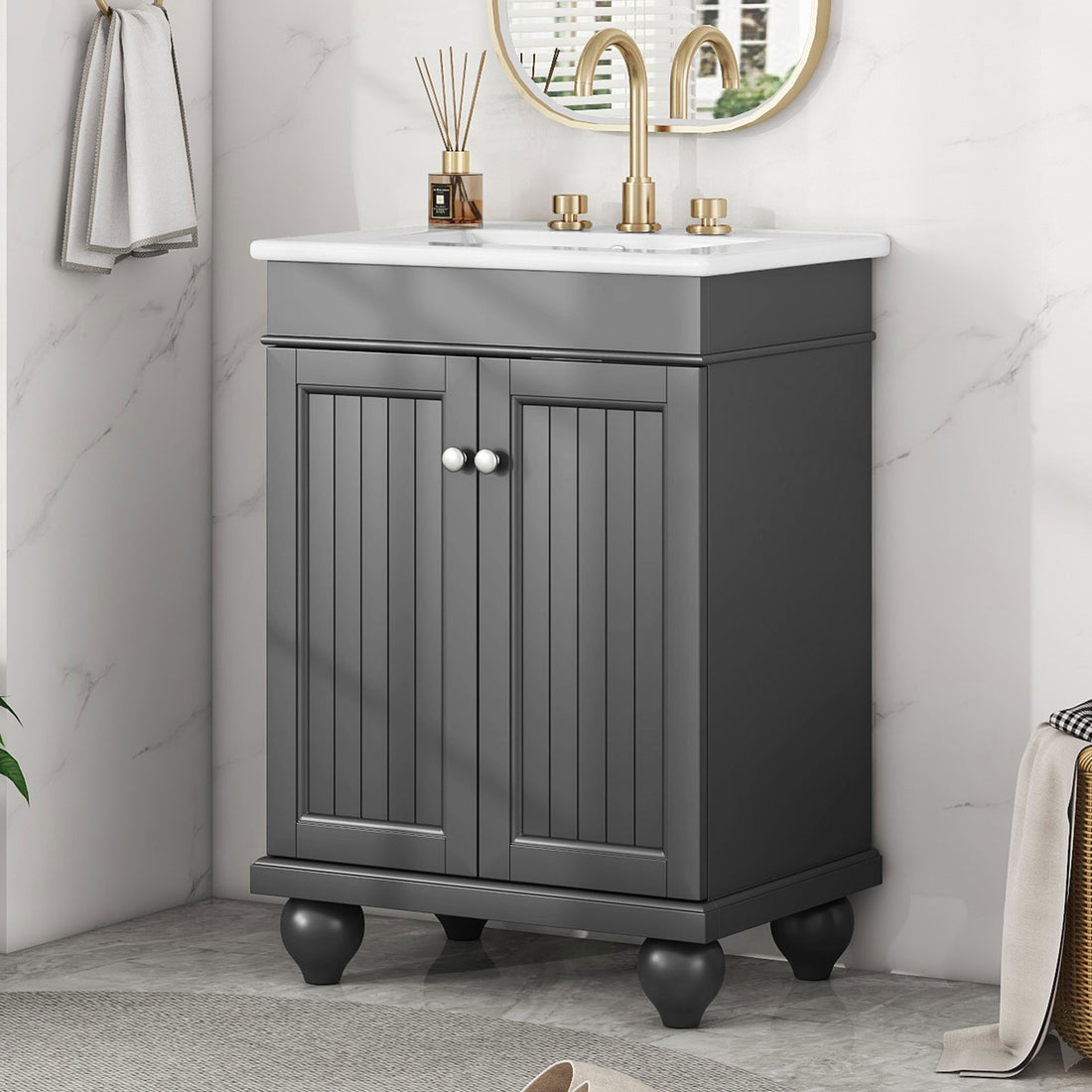 24" Black Modern Sleek Bathroom Vanity Elegant Ceramic Sink With Solid Wood Frame, Adjustable Shelf Black Solid Wood Mdf