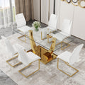 Table And Chair Set.Modern Rectangular Dining Table With Transparent Tempered Glass Tabletop And Gold Plated Metal Legs.Paried With 6 Comfortable Chairs With Pu Seats And Golden Metal Legs. Transparent,White Gold Seats 6 Glass Metal