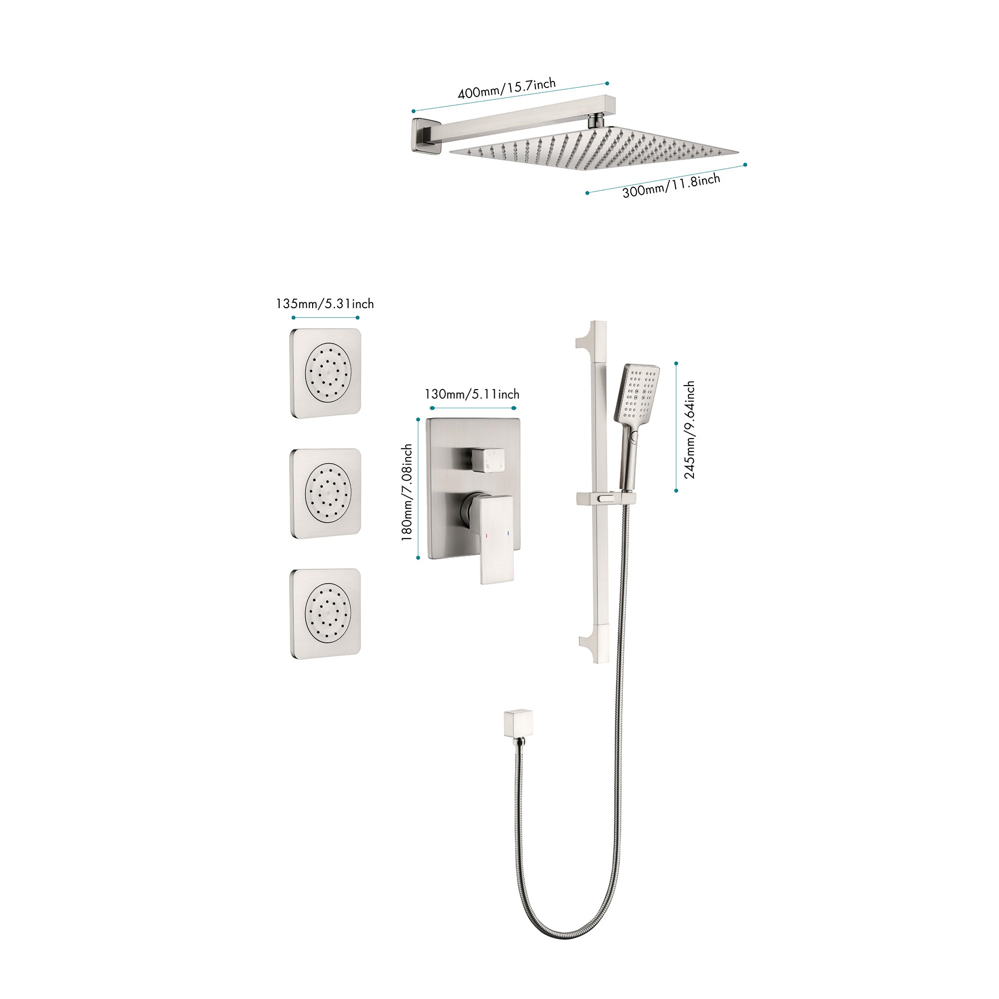 Shower System With Shower Head, Hand Shower, Slide Bar, Bodysprays, Shower Arm, Hose, Valve Trim, And Lever Handles Brushed Nickel Brass