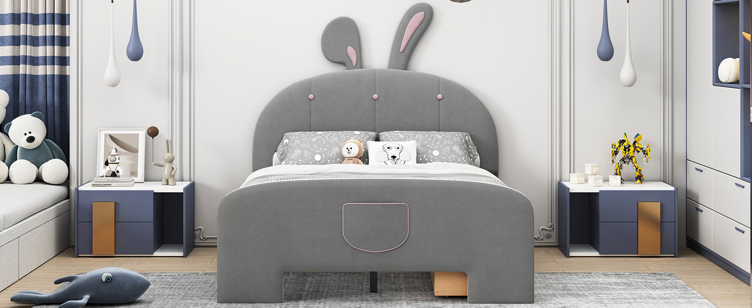 Full Size Velvet Platform Bed With Rabbit Shaped Headboard, With Drawers, With Bed End Storage Pocket, Gray Full Gray Plywood