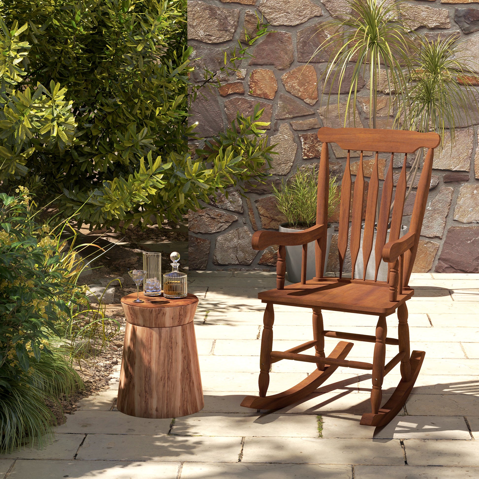 Outsunny Outdoor Wood Rocking Chair, 350 Lbs. Porch Rocker With High Back For Garden, Patio, Balcony, Teak Natural Wood