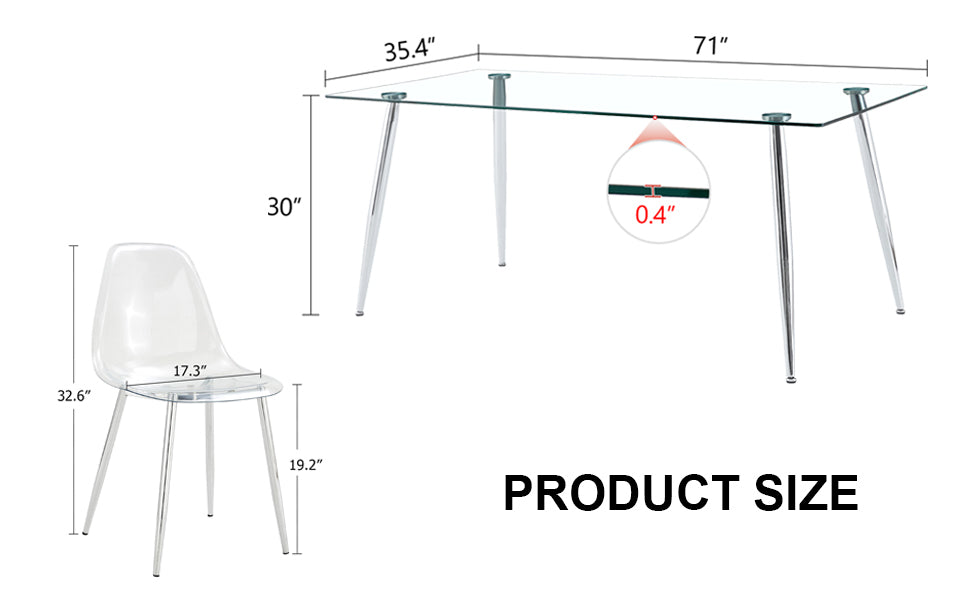 Table And Chair Set.Modern Rectangular Glass Dining Table With Tempered Glass Countertop And Silver Metal Legs, Paired With Multiple Transparent High Quality Pet Dining Chairs With Silver Legs. Silver Seats 6 Tempered Glass