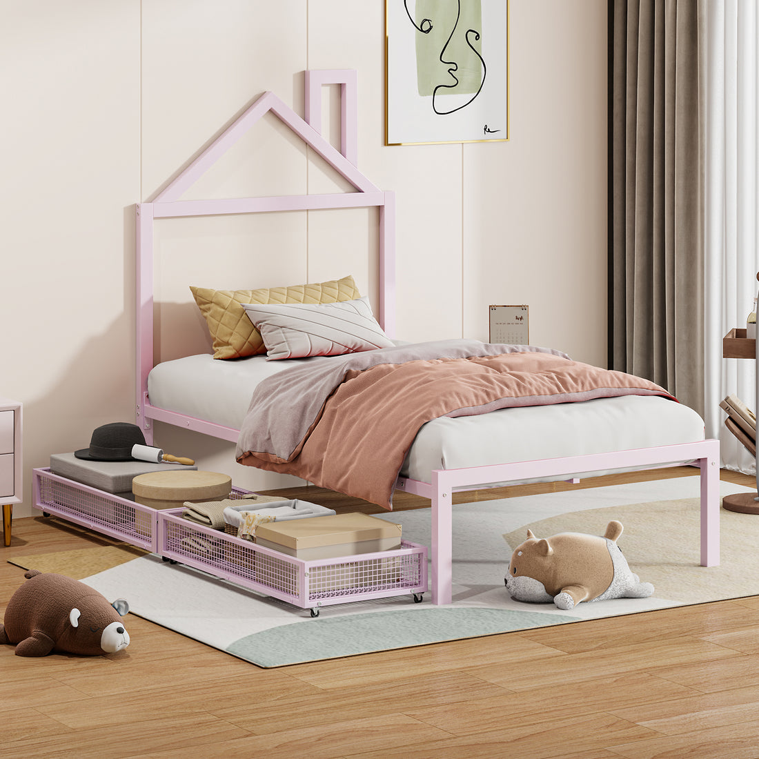 Twin Size Metal Platform Bed With Two Drawers,House Shaped Headboard Design, Pink Twin Pink Metal