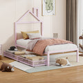Twin Size Metal Platform Bed With Two Drawers,House Shaped Headboard Design, Pink Twin Pink Metal