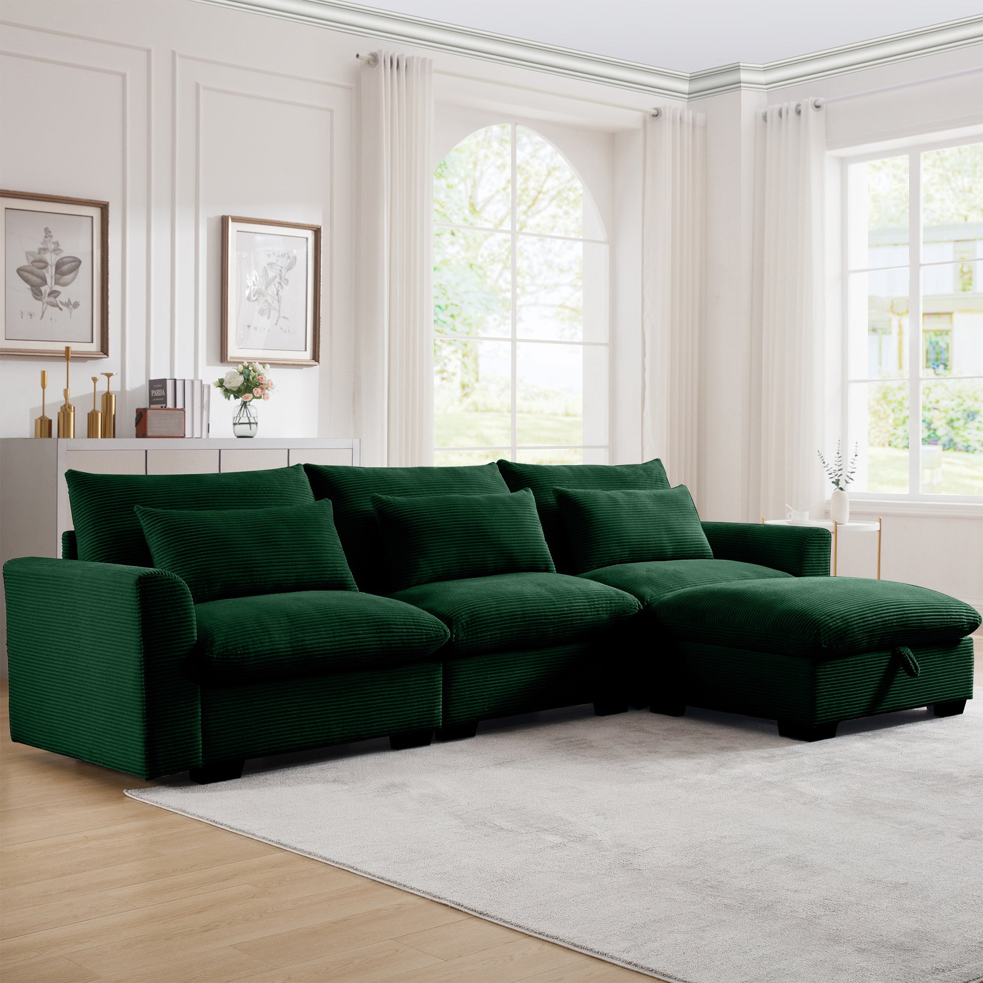 Corduroy Sectional Sofa, L Shaped Couch With Storage Footstool And 3 Pillow, Sectional Couch For Living Room Apartment, Green Green Corduroy 3 Seat