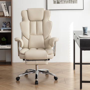 Office Chair, Big And Tall Executive Office Chair With Footrest, Leather Computer Chair, Ergonomic Reclining Chair High Back With Lumbar Support, Large Home Office Chair Beige Beige Pu Leather