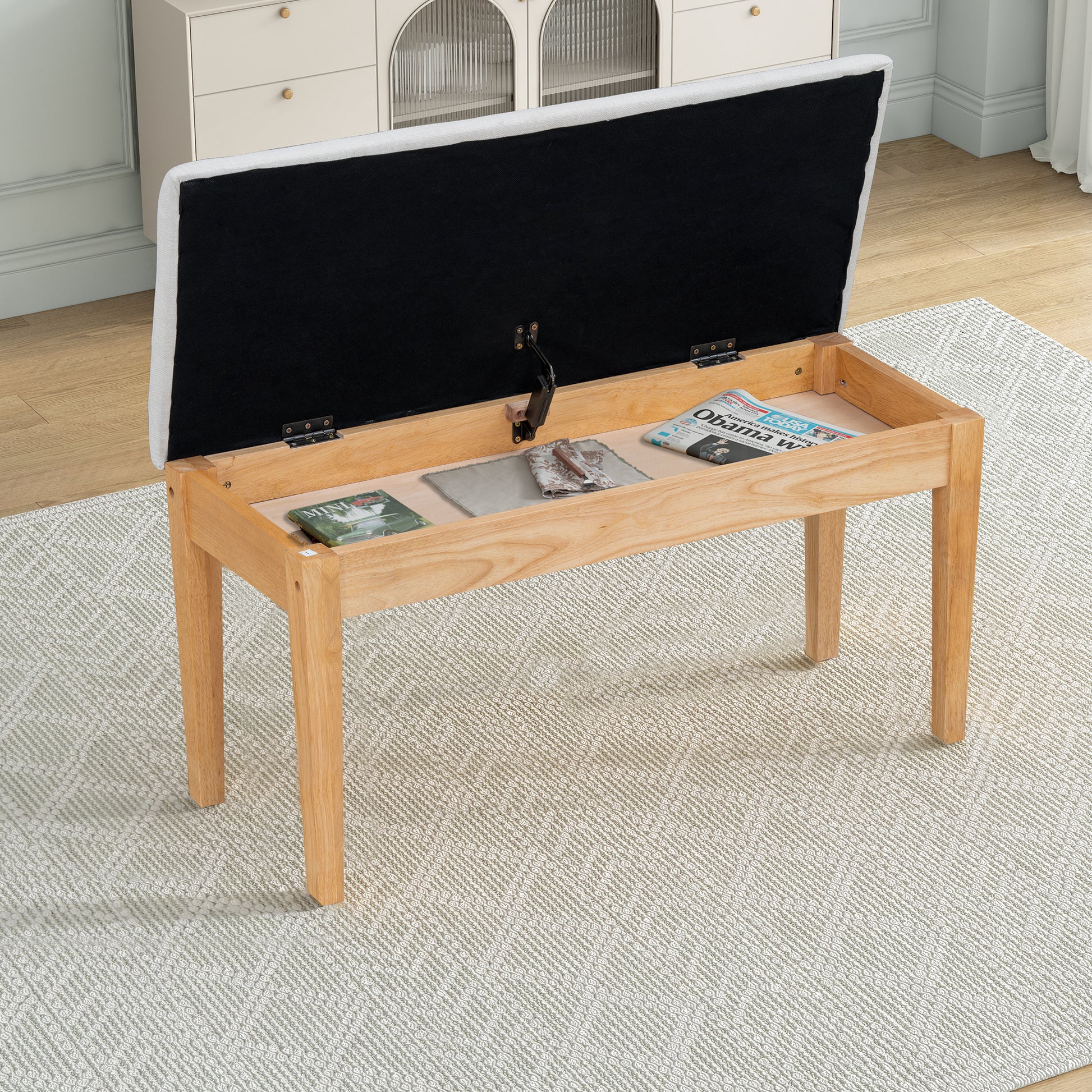 Farmhouse 6 Piece Dining Table Set With Storage Table, Kitchen Table Set With Drawer, Storable Bench And Upholstered Dining Chairs, Natural Beige Wood Dining Room Bench Seating Acacia Rectangular Dining Table With Chair And Bench Upholstered Chair Wood