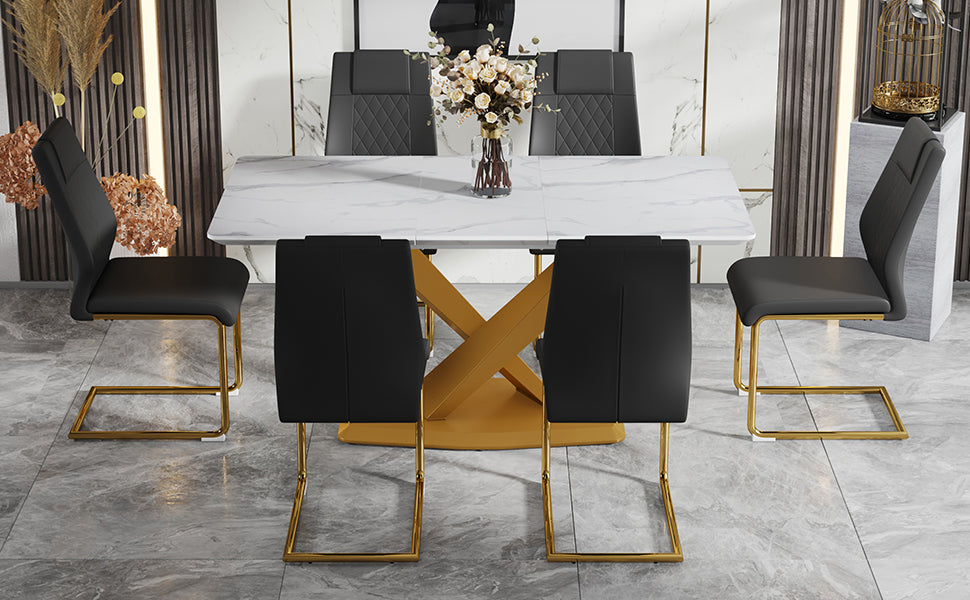 Table And Chair Set, The Table Is Equipped With A Marble Patterned Mdf Tabletop And Gold Table Legs.Dining Chairs,Gold Legged Upholstered Chairs Made Of Artificial Leather. Black Gold Seats 6 Mdf