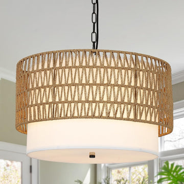 Farmhouse Chandeliers For Dining Room,5 Light Rattan Boho Chandelier Light Fixture With Fabric Shade,Hand Woven Large Rattan Dining Room Light Fixture For Kitchen Bedroom Island Hallway Brown Rattan Metal
