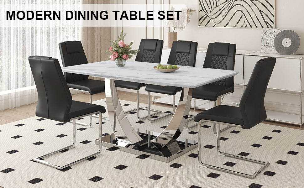 Table And Chair Set. Large Modern Rectangular Table With White Textured Top And Silver Metal Legs. Soft And Comfortable Pu Seats, Faux Leather Upholstered Seats And Sturdy Metal Legs. White Black Mdf Metal