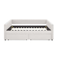 Queen Size Daybed With Two Drawers Trundle Upholstered Sofa Bed, With Vertical Stripes, Linen Fabric, Beige 86.5