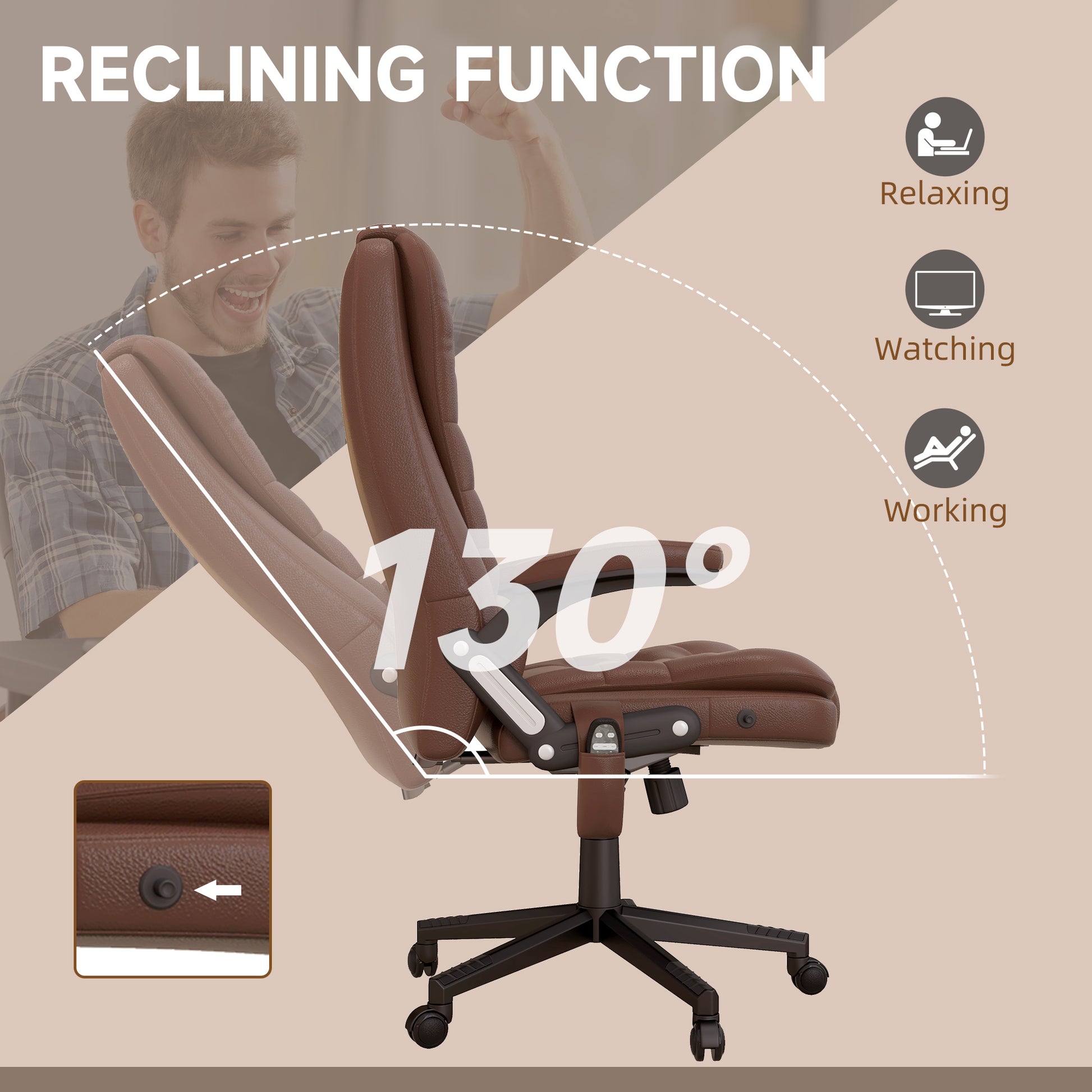 Homcom High Back Vibration Massage Office Chair With 6 Vibration Points, Heated Reclining Pu Leather Computer Chair With Armrest And Remote, Brown Brown Pu
