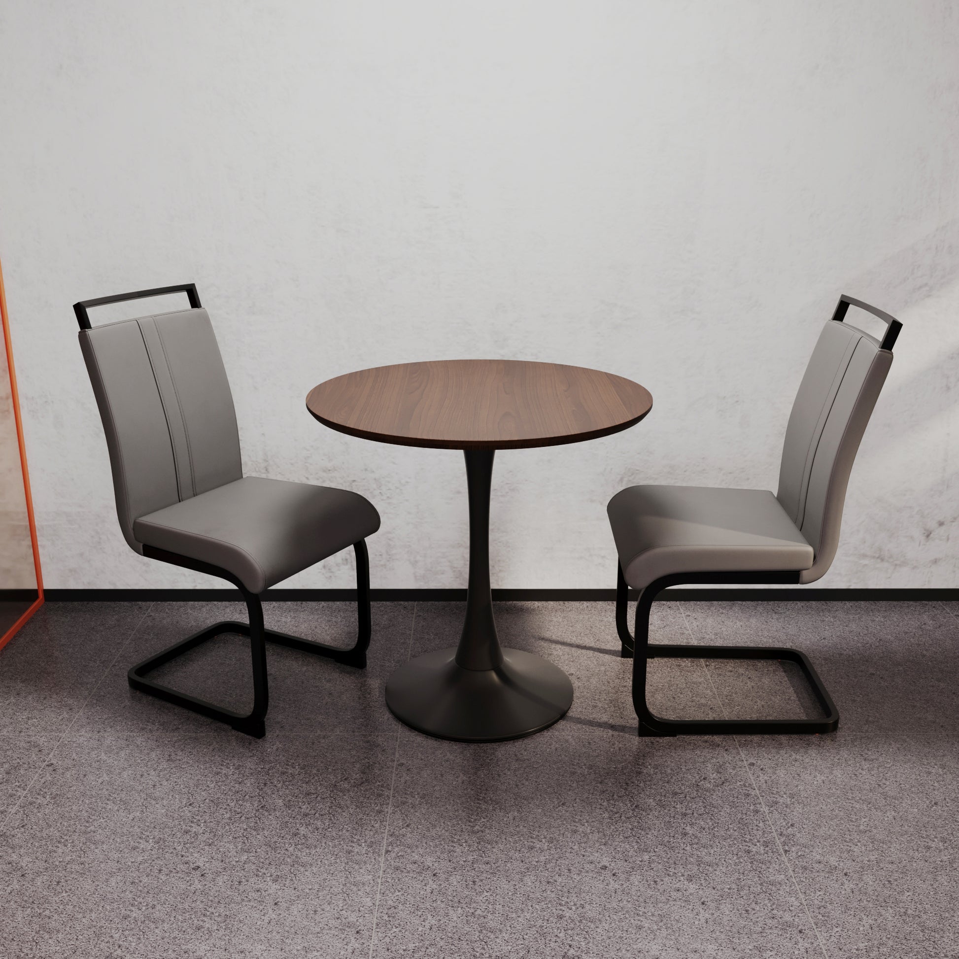 Walnut Circular Dining Table, 31.5 "Tulip Dining Table, Kitchen Dining Table For 2 4 People, Mdf Tabletop And Base, And 2 Gray Pu Black Metal Leg Dining Chairs Set 2 Walnut Mdf